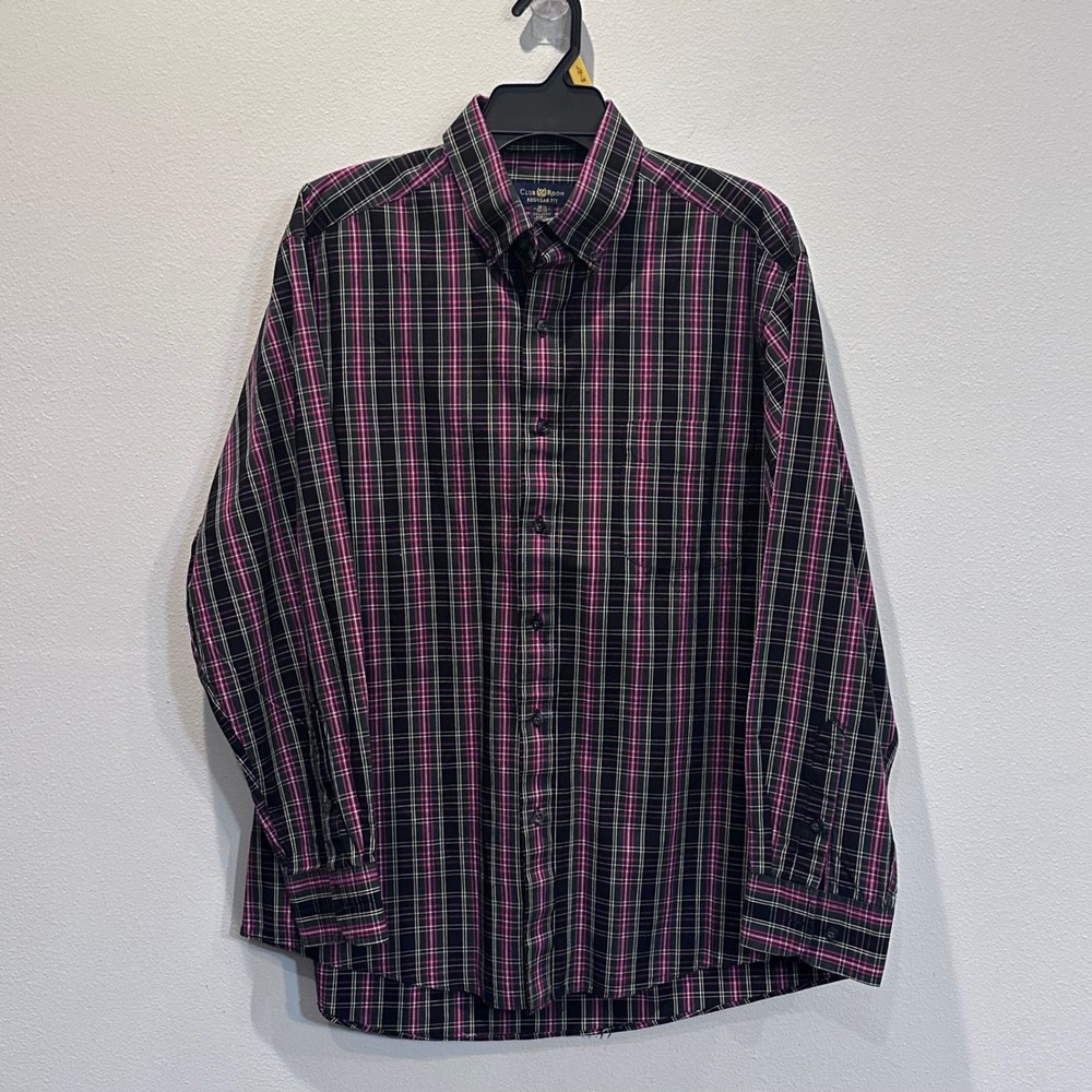 Club Room Mens Regular Fit Plaid Button Down Shirt Pink Black Cotton 16.5 34/35 - Picture 2 of 9